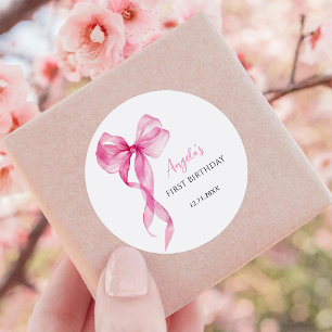 Mädchen mit rosa Schleife 1. Geburtstag Runder Aufkleber