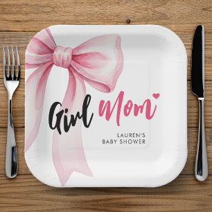 Mädchen mit rosa Schleife Mama Band Süße Babyparty Pappteller
