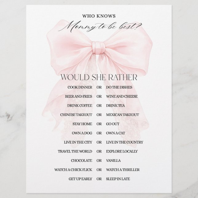 Mädchen mit rosa Schleife moderne Babyshower-Spiel (Vorderseite)