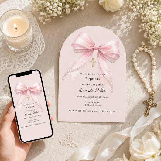Mädchen mit rosa Schleife Perlen Champagner Bogen  Einladung