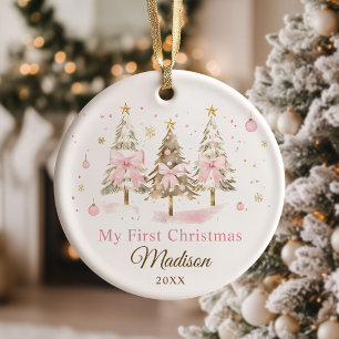 Mädchen mit rosa Schleife Weihnachtsbaum erstes We Keramik Ornament