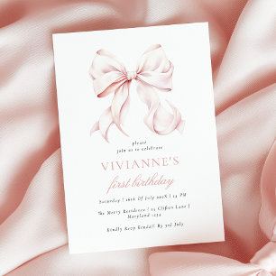 Mädchen mit rosa Schleife zum ersten Geburtstag Einladung