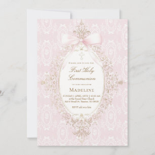 Mädchen mit rosa Schleife zur Erstkommunion Einladung