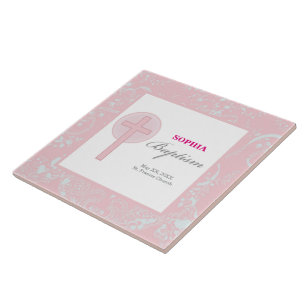 Mädchen mit rosa Spitze Taufe Fliese