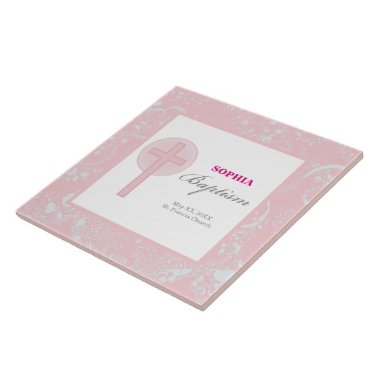 Mädchen mit rosa Spitze Taufe Fliese (Seite)