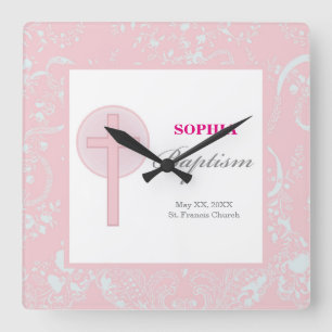 Mädchen mit rosa Spitze Taufe Quadratische Wanduhr