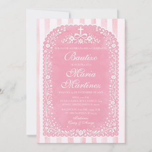 Mädchen mit rosa Streifen Spanischer Bautizo Papel Einladung