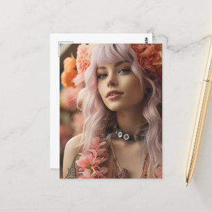 Mädchen mit rosafarbenem Haar und Blume Postkarte