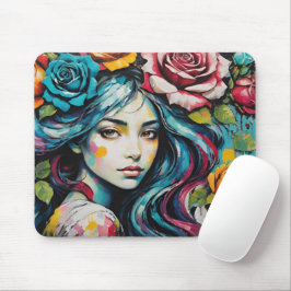 Mädchen mit Rose im Wasserfarbenstil ihres Haars Mousepad