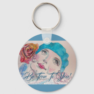Mädchen mit Rote Rose Beret True Button Key Ring Schlüsselanhänger