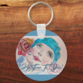 Mädchen mit Rote Rose Beret True Button Key Ring Schlüsselanhänger (Vorderseite)