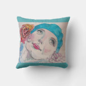 Mädchen mit Rote Rose Beret Wasserfarbe Aqua Kisse Kissen (Rückseite)