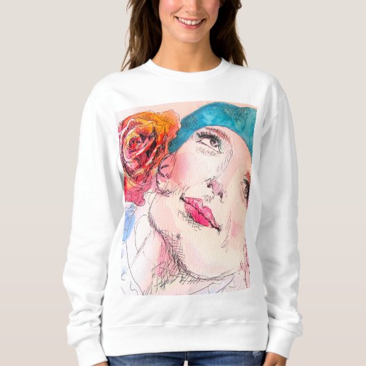 Mädchen mit Rote Rose Beret Wasserfarbe Girl Rosa Sweatshirt (Vorderseite)