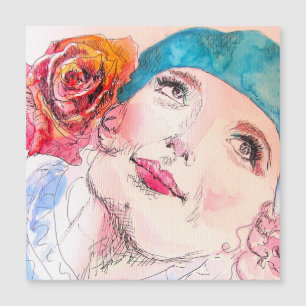 Mädchen mit Rote Rose Beret Wasserfarbe Magnetkart Magnetkarte