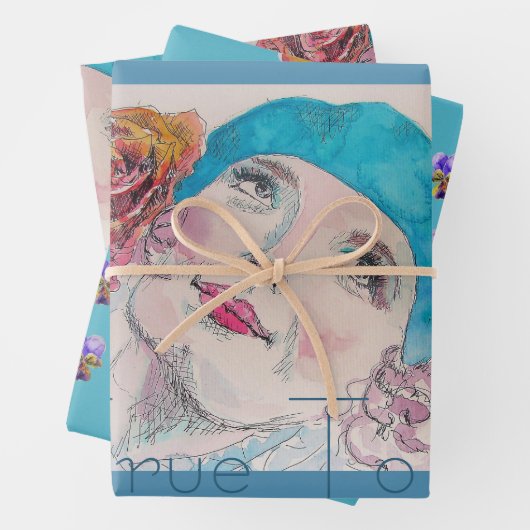 Mädchen mit Rote Rose Beret Wasserfarbe wahr sein Geschenkpapier Set (Beispiel)