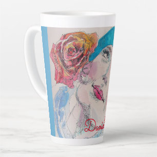 Mädchen mit Rote Rose Beret Wasserfarbene Blume Milchtasse
