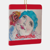 Mädchen mit Rote Rose Beret Wasserfarbene Girl Keramikornament (Rechts)