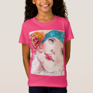 Mädchen mit Rote Rose Beret Wasserfarbene Girls he T-Shirt