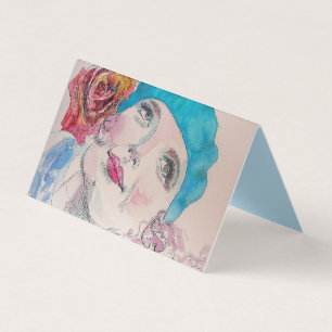 Mädchen mit Rote Rose Beret Wasserfarbkarte Set