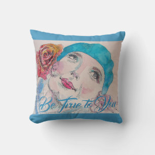 Mädchen mit Rote Rose Beret Watercolor Aquamarine Kissen
