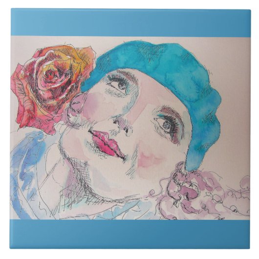 Mädchen mit Rote Rose Beret Watercolor Fliese (Vorderseite)