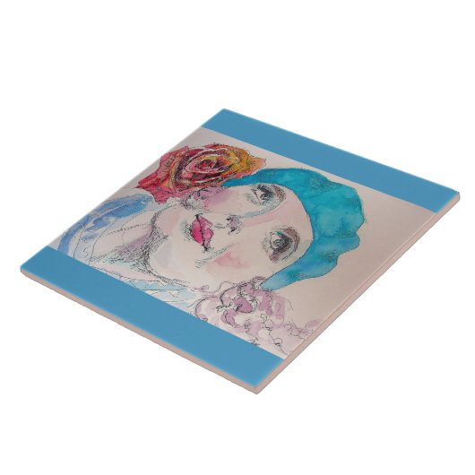 Mädchen mit Rote Rose Beret Watercolor Fliese (Seite)