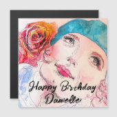 Mädchen mit Rote Rose Beret Watercolor Geburtstag Magnetkarte (Vorne/Hinten)