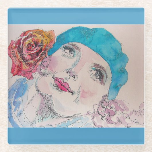 Mädchen mit Rote Rose Beret Watercolor Glasuntersetzer (Vorderseite)
