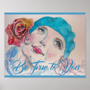 Mädchen mit Rote Rose Beret Watercolor Poster