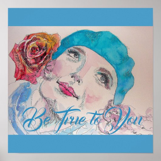 Mädchen mit Rote Rose Beret Watercolor Poster (Vorne)