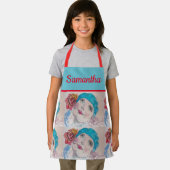 Mädchen mit Rote Rose Wasserfarbe Beret Aquamarine Schürze (Insitu)