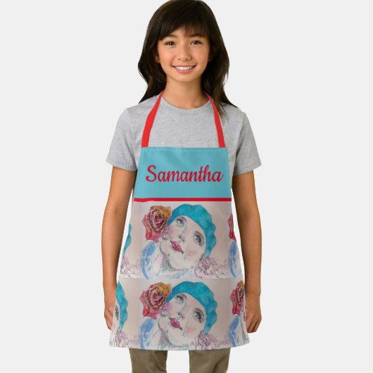 Mädchen mit Rote Rose Wasserfarbe Beret Aquamarine Schürze (Insitu)