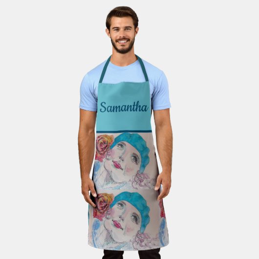 Mädchen mit Rote Rose Wasserfarbene Beret Aquamari Schürze (Getragen)