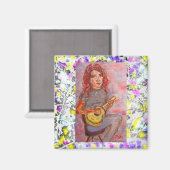 Mädchen mit rotem Haar und Ukulele Magnet (Vorderseite/Rückseite)