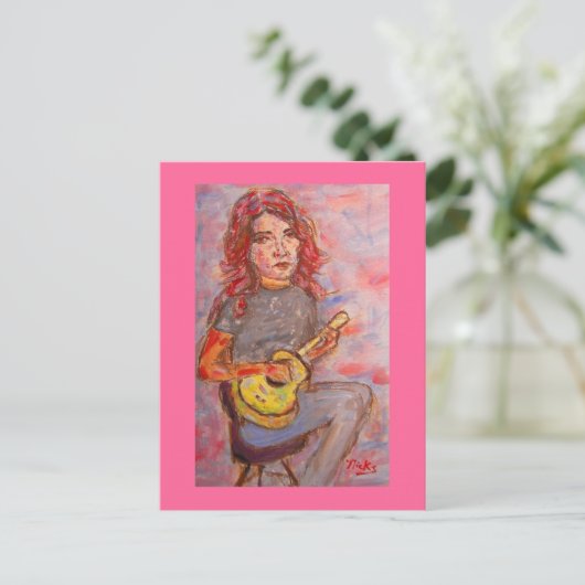 Mädchen mit rotem Haar und Ukulele Postkarte (Stehend Vorderseite)