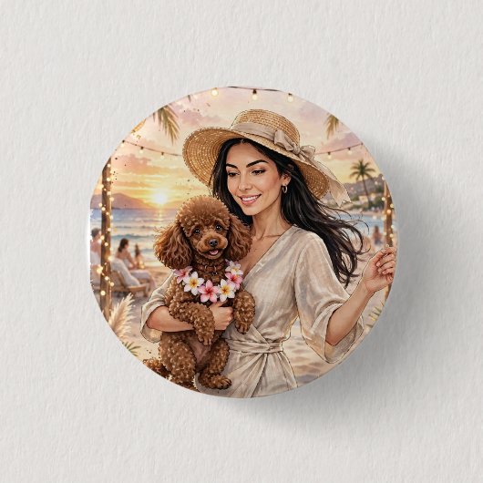 Mädchen mit rotem Spielzeug-Pudel Button (Vorderseite)