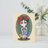 Mädchen mit roter Katze und Apfel. Chibi Style. Postkarte (Stehend Vorderseite)