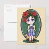 Mädchen mit roter Katze und Apfel. Chibi Style. Postkarte (Vorne/Hinten)