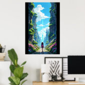 Mädchen mit Rucksack geht auf einen fantastischen  Poster (Heimbüro)