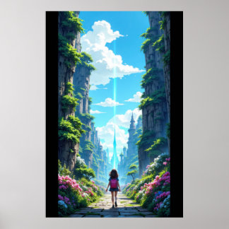 Mädchen mit Rucksack geht auf einen fantastischen Poster