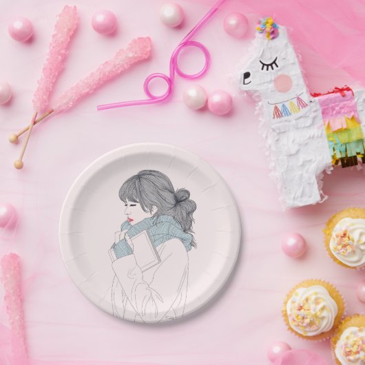 Mädchen mit Schal und Buch Pappteller (Party)