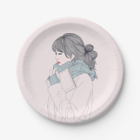 Mädchen mit Schal und Buch Pappteller (Vorderseite)