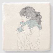 Mädchen mit Schal und Buch Steinuntersetzer (Vorderseite)