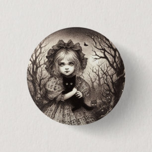 Mädchen mit schwarzem Kätzchen Gruseliges Retro-Ha Button