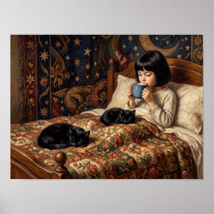 Mädchen mit schwarzen Katzen im Bett Gemälde Poster