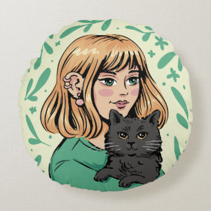 Mädchen mit schwarzer Katze Illustration Rundes Kissen