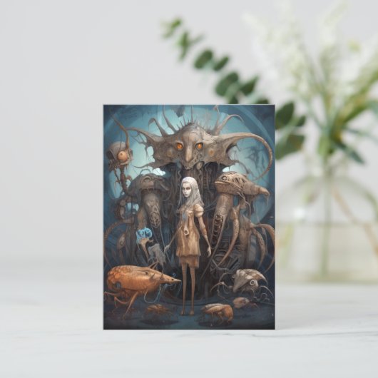 Mädchen mit seltsamen Monstern surreale Kunst Postkarte (Stehend Vorderseite)