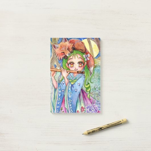 Mädchen mit Sleepy Fox Post-it Klebezettel (Auf Schreibtisch)