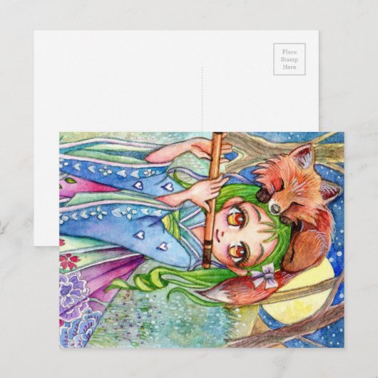 Mädchen mit Sleepy Fox Postkarte (Vorne/Hinten)