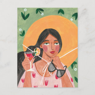 Mädchen mit Sommerhütte Sonnenbrille Blumentapete Postkarte